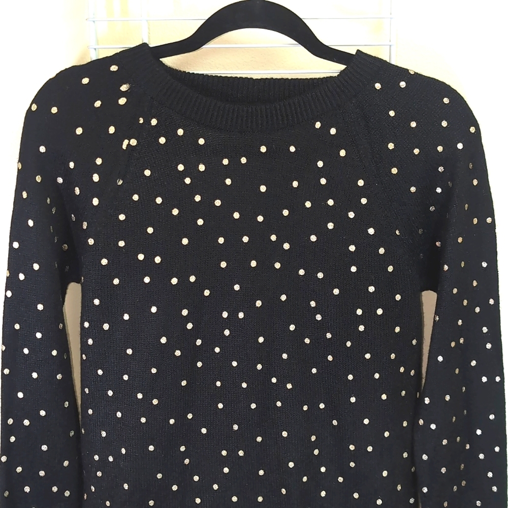 LOFT Small Black w/ Gold Polka Dots Crew Neck Open Back Long Sleeve Sweater NWT